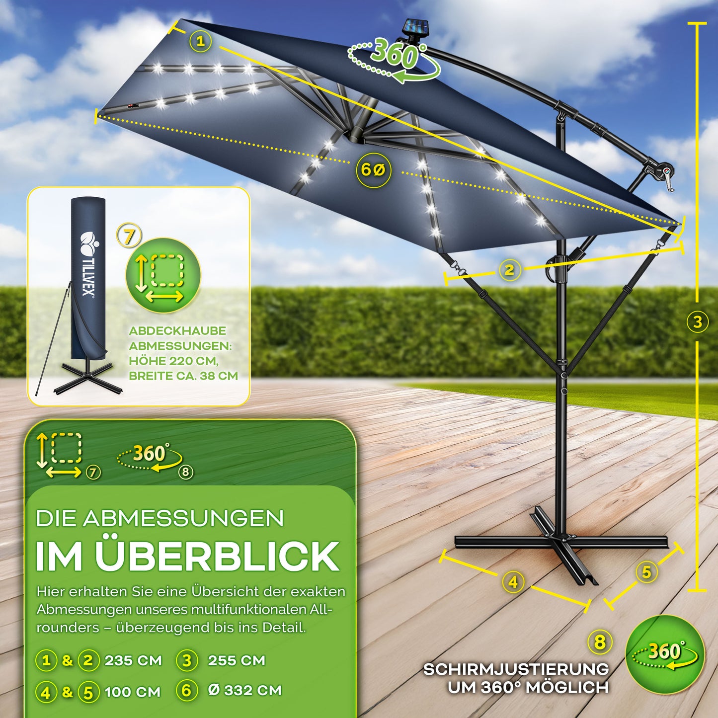 Tillvex® Tenda da Sole Rettangolare in Alluminio con LED Solare Ø 330 Cm + Copertura con Manovella | Ombrello Angolare con Luce Stradale, Supporto e Parabrezza | Grande Ombrello da Giardino in Alluminio con Protezione UV | Ombrello con Manovella, Ombrello