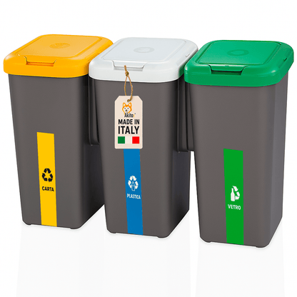 Pattumiera Differenziata AKITAINK AKIROCK 75L – 3 Scomparti da 25L con Coperchi Colorati e Blocca-Sacchetto, Cestino Raccolta Differenziata per Casa, Ufficio e Spazi Esterni