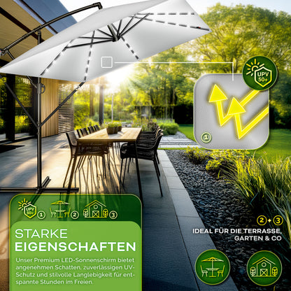 Tillvex® Tenda da Sole Rettangolare in Alluminio con LED Solare Ø 330 Cm + Copertura con Manovella | Ombrello Angolare con Luce Stradale, Supporto e Parabrezza | Grande Ombrello da Giardino in Alluminio con Protezione UV | Ombrello con Manovella, Ombrello