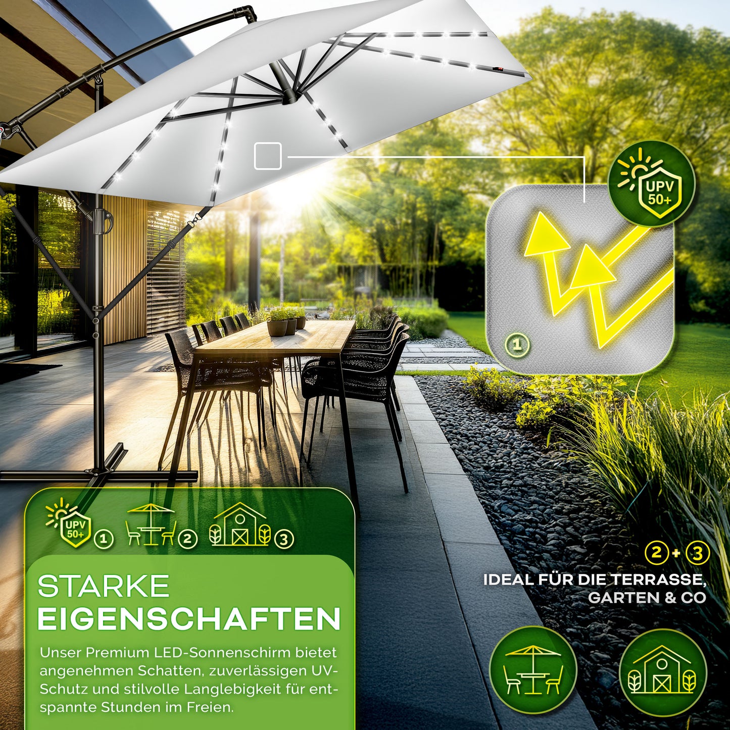Tillvex® Tenda da Sole Rettangolare in Alluminio con LED Solare Ø 330 Cm + Copertura con Manovella | Ombrello Angolare con Luce Stradale, Supporto e Parabrezza | Grande Ombrello da Giardino in Alluminio con Protezione UV | Ombrello con Manovella, Ombrello