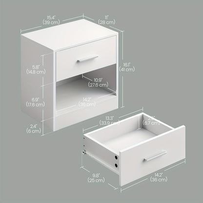 Comodino con cassetto, maniglia e sezione aperta, ideale per camera da letto o soggiorno