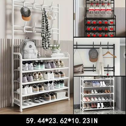 Scarpiera portaoggetti - Appendiabiti salvaspazio, scarpiera a 5 ripiani con 8 ganci, robusta struttura in metallo/plastica dorata, design autoportante o a parete per casa, ufficio e negozio - Adatta per riporre scarpe, cappotti, cappelli, ecc., regalo di