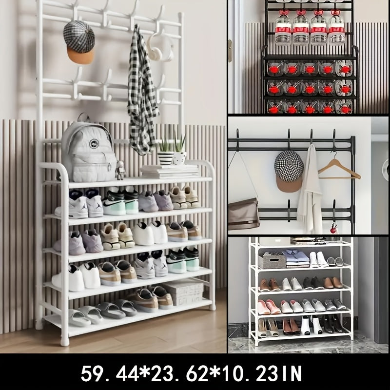 Scarpiera portaoggetti - Appendiabiti salvaspazio, scarpiera a 5 ripiani con 8 ganci, robusta struttura in metallo/plastica dorata, design autoportante o a parete per casa, ufficio e negozio - Adatta per riporre scarpe, cappotti, cappelli, ecc., regalo di