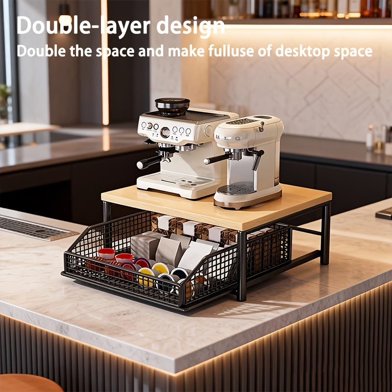1 Scaffale Multifunzionale a 2 Livelli con Design Estraibile, Grande Capacità, Facile Accesso, Elevata Portata, Ideale per Macchine da Caffè, Caffè in Grani, Capsule, ecc