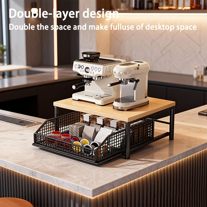 1 Scaffale Multifunzionale a 2 Livelli con Design Estraibile, Grande Capacità, Facile Accesso, Elevata Portata, Ideale per Macchine da Caffè, Caffè in Grani, Capsule, ecc