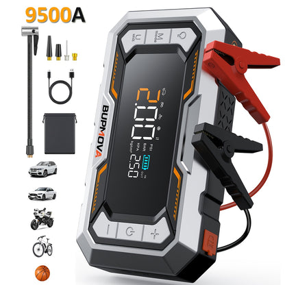 Avviatore di emergenza per auto 9500A con compressore d'aria, gonfiatore per pneumatici cordless, booster per batteria auto con power bank e torce a LED, scatola di avviamento automatico 12V per tutti i veicoli a benzina o diesel da 10.0L, doppia display
