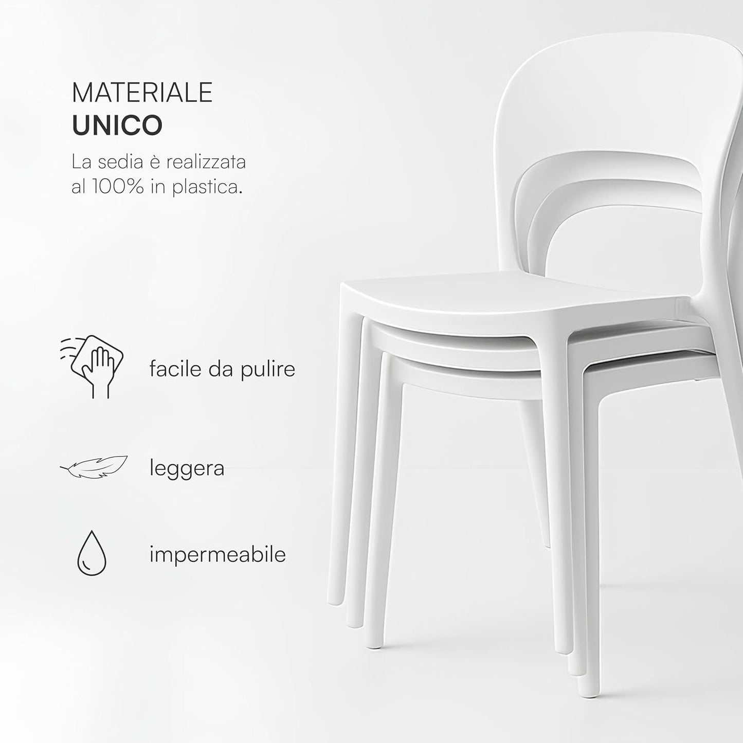 Baroni Home Set 4 Sedie in Plastica Bianca – Sedie Impilabili, Pronte all’Uso Senza Montaggio, Facili da Pulire, con Piedini Antiscivolo per Maggiore Stabilità – Ideali per Cucina, Soggiorno, Sala da Pranzo, Giardino, Terrazzo o Balcone – Sedute Comode e
