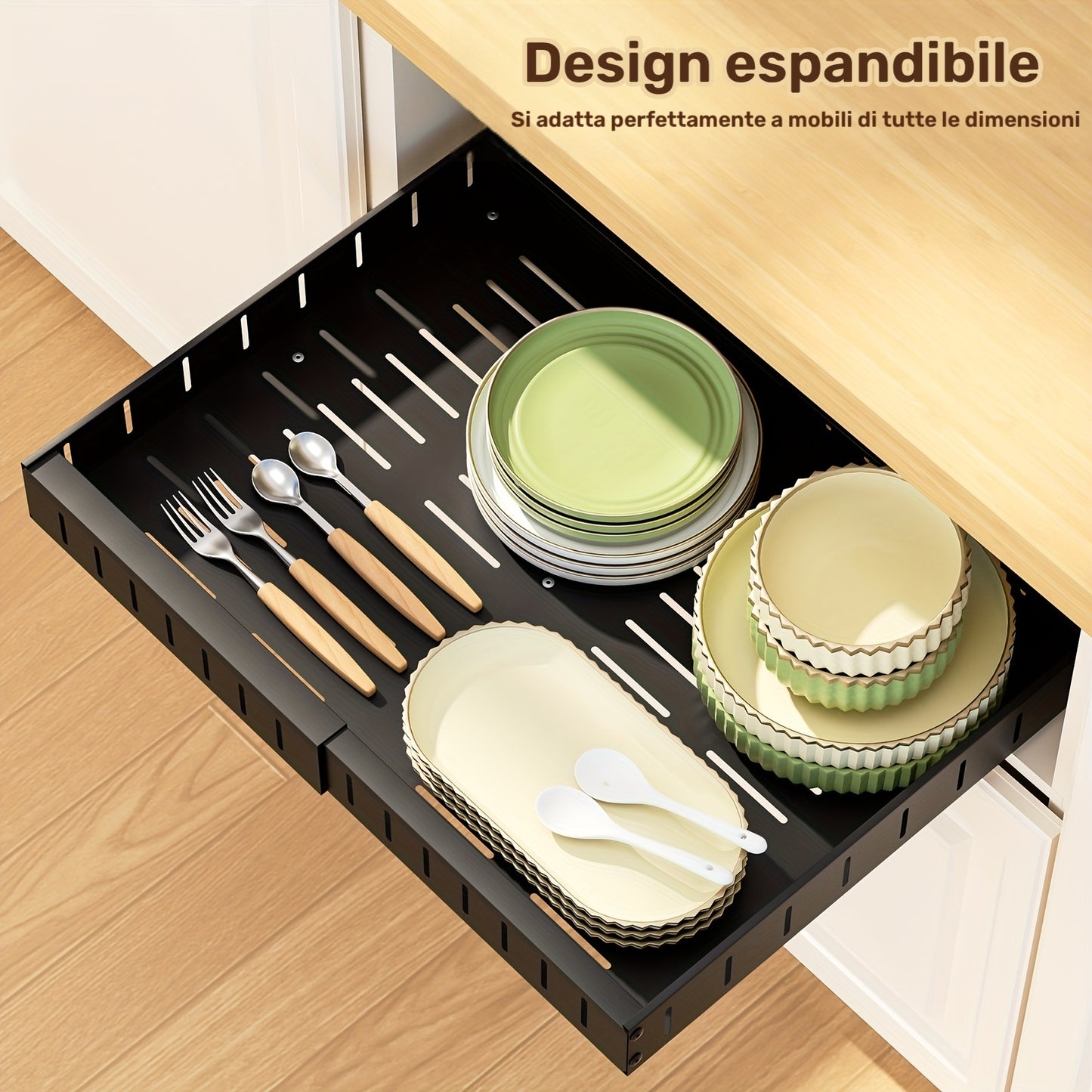 Devesanter Cassetto Telescopico, Organizzatore per Ante Estraibili, Cassetto Estraibile da Cucina, per Incollaggio, Nessuna Foratura Richiesta, Larghezza Regolabile da 31cm a 52cm (nero, bianco)