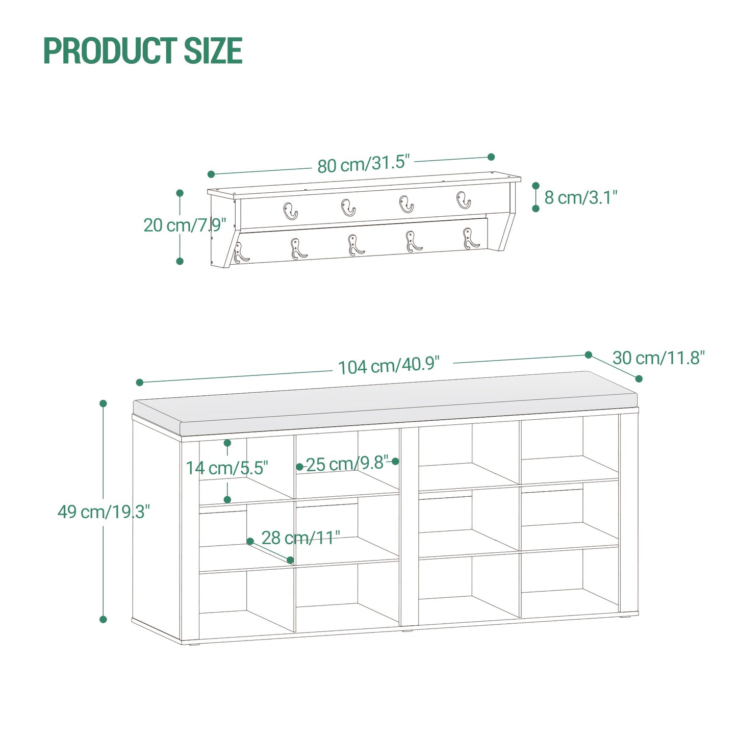 Set scarpiera per armadio, appendiabiti, divanetto scarpe con cuscino, divano d'ingresso, organizzazione e stoccaggio, 30 X 104 X 49 cm, appendiabiti a parete con 9 ganci, camera da letto, area ingresso, bianco e grigio