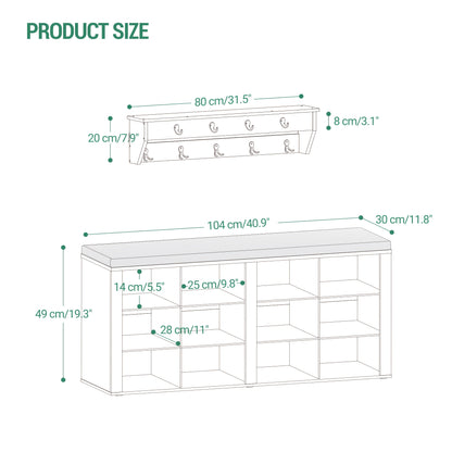 Set scarpiera per armadio, appendiabiti, divanetto scarpe con cuscino, divano d'ingresso, organizzazione e stoccaggio, 30 X 104 X 49 cm, appendiabiti a parete con 9 ganci, camera da letto, area ingresso, bianco e grigio