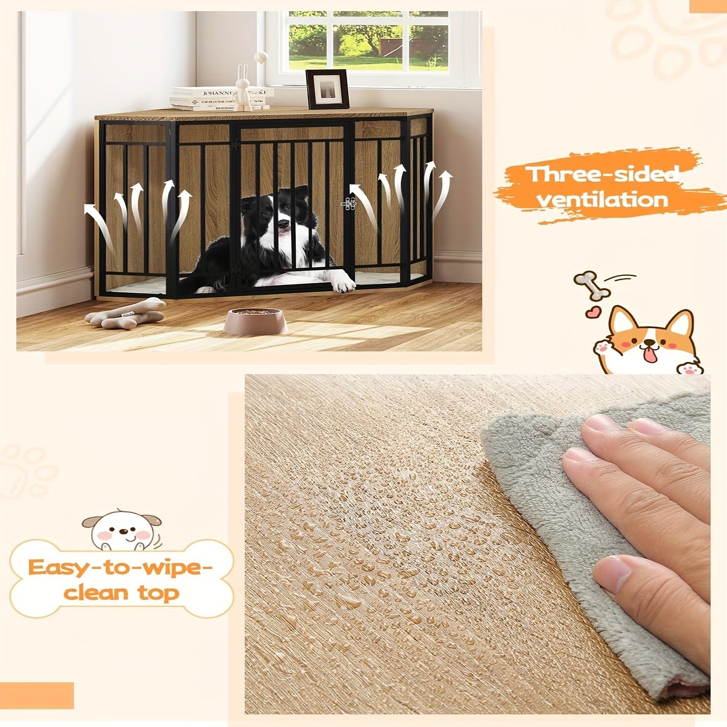 Gabbia Angolare per Cani da Interno, Cuccia per Cani, Casa per Cani, Gabbia Bloccabile per Cani, Gatti e Altri Animali Domestici, 111L x 60P x 67A cm