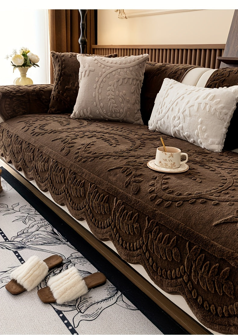 1 Coperta per Divano in Peluche con Stampa Leopardata - Finta Pelle Spessa e Calda, Antiscivolo e Adatta agli Animali Domestici, Bordo Decorativo a Foglie, Per Divani da 1-4 Posti e Sezionali, Lavabile in Lavatrice, Accessorio Comodo per Soggiorno o Camer