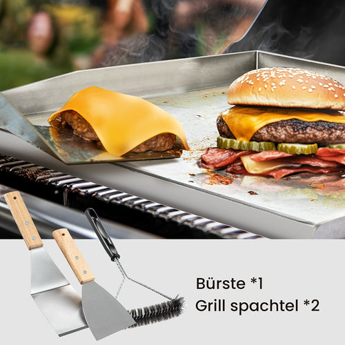 Piastra per griglia in acciaio inossidabile, plancha solida da 4 mm con 2 spatole e spazzola, perfetta per griglie a gas/charcoal, ideale per barbecue, pancake e altro ancora!