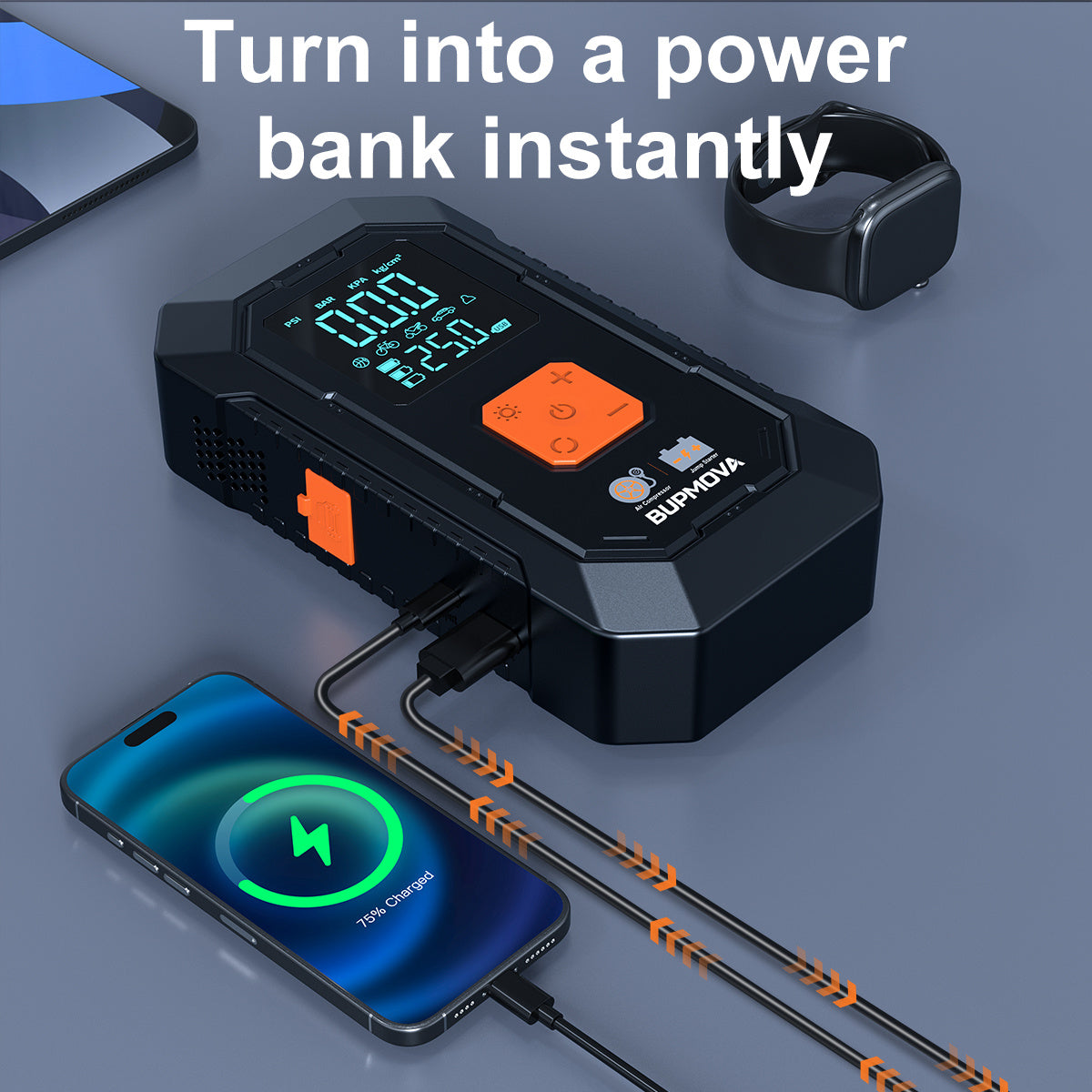 Avviatore di emergenza per auto 8500A con compressore d'aria, pompa di gonfiaggio per pneumatici senza fili, booster per batteria con power bank e torce LED, doppio display della pressione dell'aria