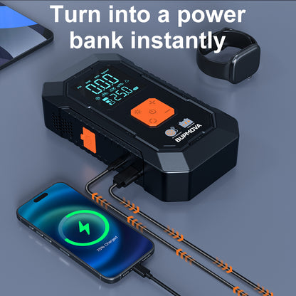 Avviatore di emergenza per auto 8500A con compressore d'aria, pompa di gonfiaggio per pneumatici senza fili, booster per batteria con power bank e torce LED, doppio display della pressione dell'aria