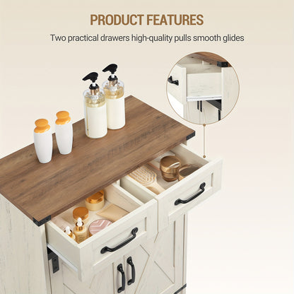 Armadietto Bagno, Armadio con 2 Cassetti e 2 Ante, Mobile da Cucina, Mensola Regolabile, Stile Country House, Soggiorno, 30 x 60 x 80 cm, Marrone Vintage-Bianco