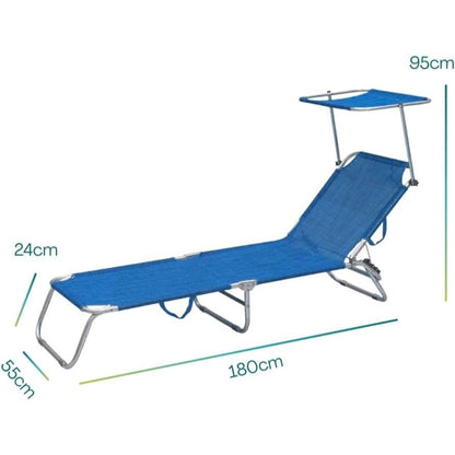 2 Lettini Prendisole Pieghevoli con Tetto Parasole, Misura 180x55x90 cm, Tessuto Textilene, Struttura Metallo Tubolare da 18mm, per Spiaggia, Piscina, Giardino, Peso Max 120kg