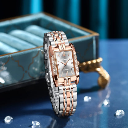 Jewelrywe Orologi Donna Analogico Quarzo Orologio da Polso Lusso Elegante Calendario con Data Strass Rettangolare Bracciale in Acciaio Inossidabile Business Casual
