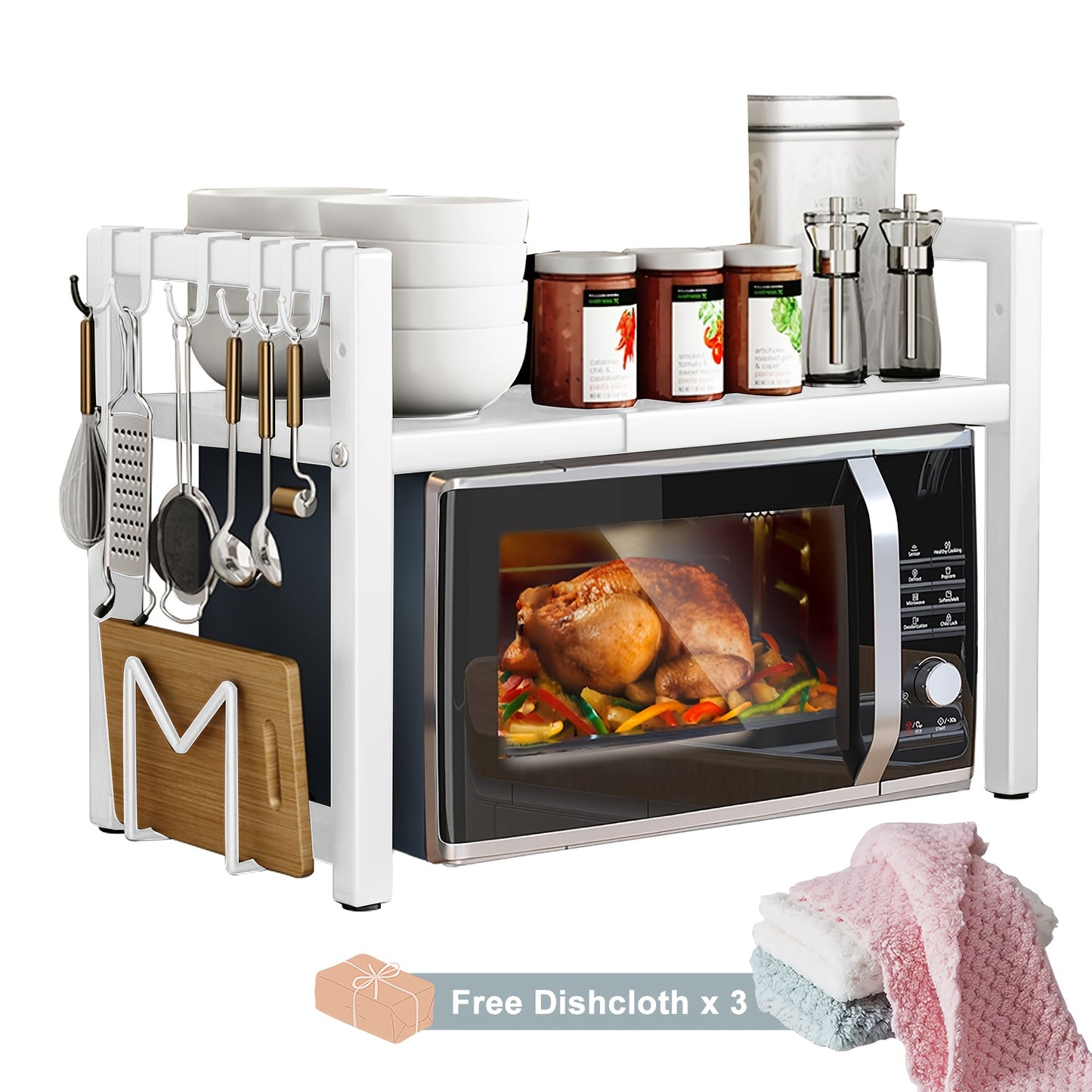 Scaffale Estendibile per Microonde a 2 Livelli con 5 Ganci, Porta Taglieri e 3 Asciugamani, Scaffale per Cucina, Scaffale per Microonde e Forno da Piano, Estendibile 40-64 cm (Nero, Bianco)