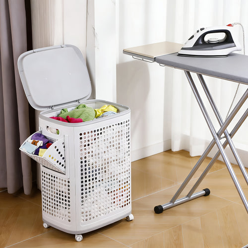 Cesto portabiancheria con ruote Ultra, coperchio, maniglia e ruote per spostare facilmente i vestiti dal lavanderia, in plastica, bianco, confezione singola, cesti portabiancheria