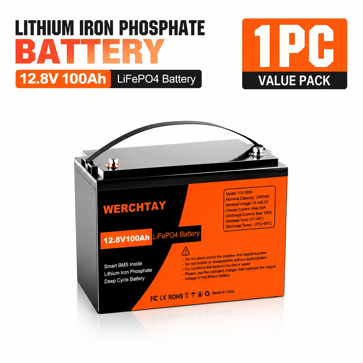 Confezione da 1/2/4 Batteria al Litio Ferro Fosfato, Batteria LiFePO4 12.8V con BMS Intelligente 25.000+ Cicli di Scarica Profonda, 1280Wh Protezione a Bassa Temperatura Integrata, Batteria Marina Adatta per Elettrodomestici, Camper Solari, Accumulo di En