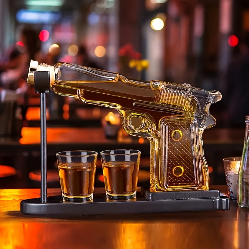 Set, caraffa da whisky da 230 ml/7.78 oz e due bicchieri da vino rosso da 50 ml/1.69 oz con base in legno, set pistola per whisky e vino, combinazione di caraffe in vetro, shaker da cocktail originale, regalo per fidanzato, papà o fratello