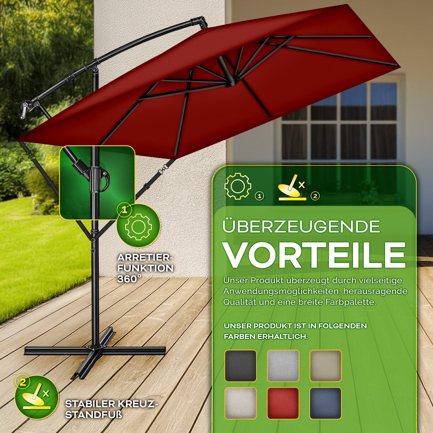 Tillvex® Parasole Rettangolare in Alluminio Ø 330 Cm + Copertura con Manovella | Schermo Angolare a Luce Rossa con Supporto & Parabrezza | Grande Parasole da Giardino in Alluminio Protezione UV | Schermo con Manovella Impermeabile Girevole a 360° per Terr