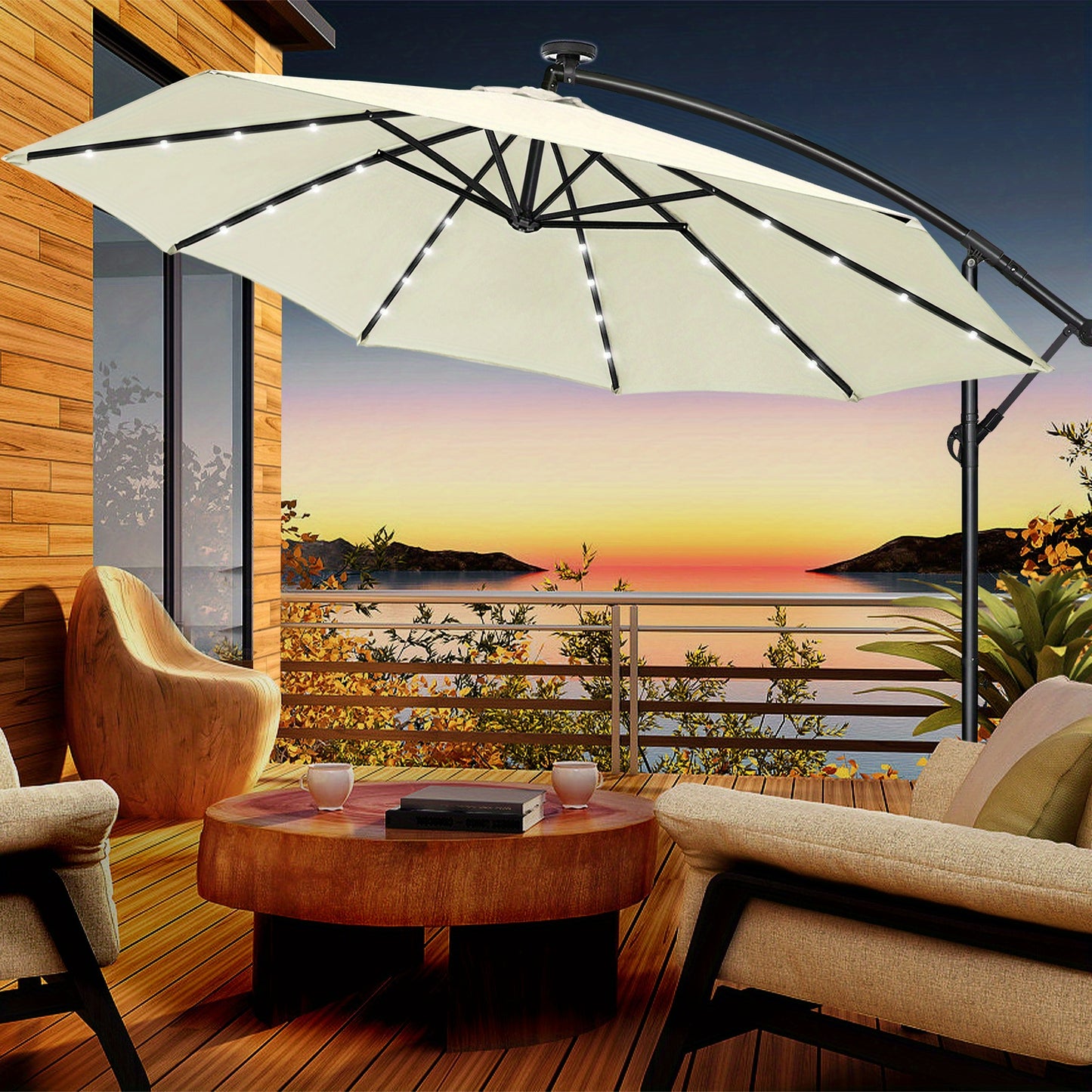 Parasole da balcone 300/350cm, parasole a sbalzo LED con manovella, parasole da giardino in alluminio con supporto, protezione solare, protezione UV, terrazza, giardino, spiaggia