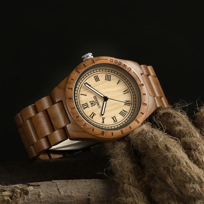 Leeev Orologio da Polso da Uomo Leggero e Distinto in Legno, Collezione Uwood Realizzato a Mano in Sandalo, Analogico al Quarzo, Vintage con Numeri Romani, in Legno Naturale