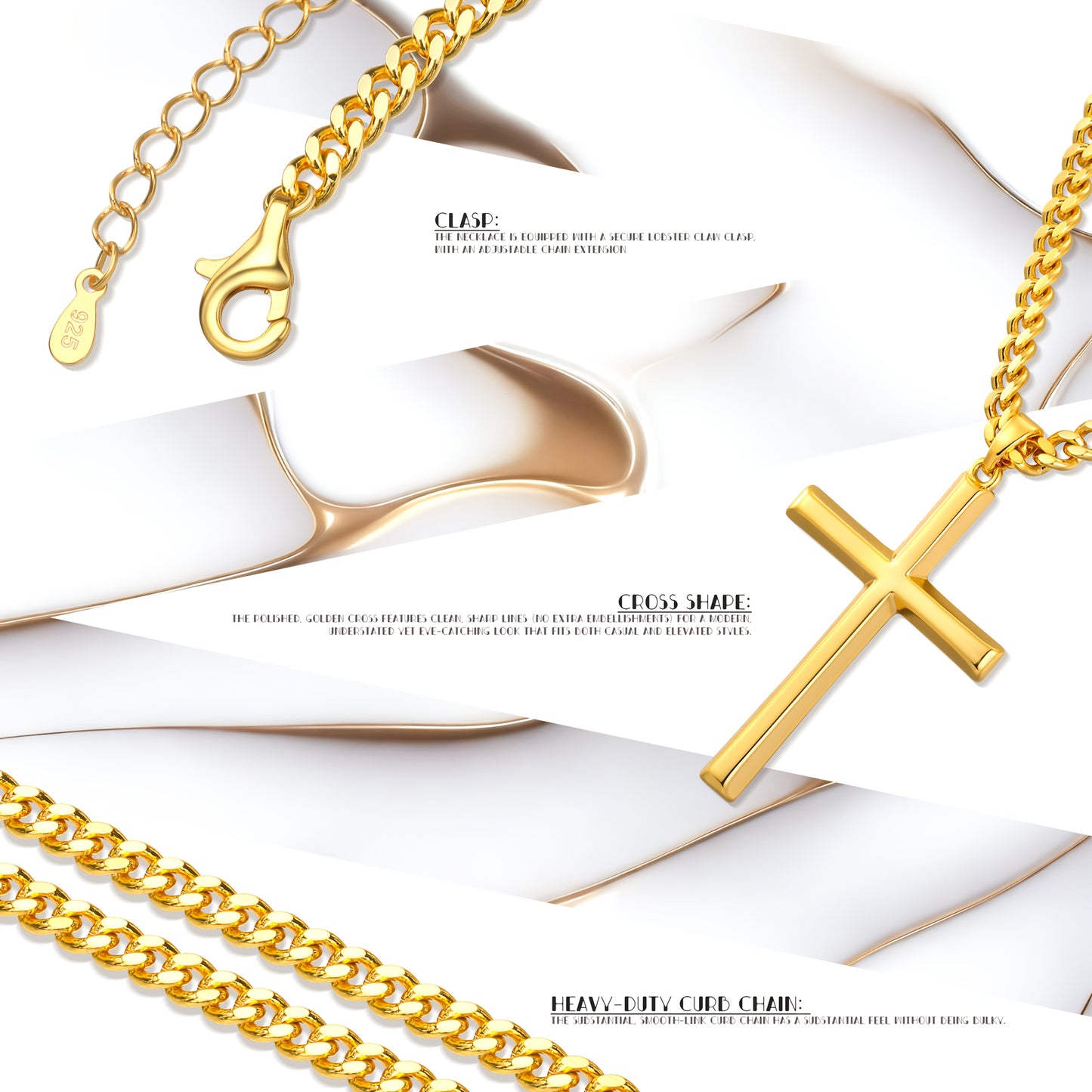 Collana con ciondolo da uomo in argento 925, con croce tridimensionale placcata in oro 18 carati, accompagnata da una robusta catena cubana in argento 925, perfetta come regalo per le feste o la festa del papà, confezionata in una confezione regalo