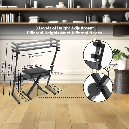 Set Pianoforte Tastiera Elettrica a 61 Tasti, Progettato per Principianti, con 500 Suoni e Modalità Didattica a Tre Livelli, Include Supporto, Sgabello, Display LCD e Leggio