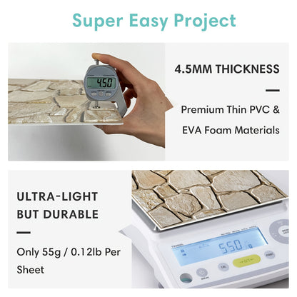 Questo pacchetto include dieci pannelli murali 3D autoadesivi con superficie in PVC effetto pietra, ciascuno misurato 30 per 30 centimetri, progettati per decorare pareti interne.