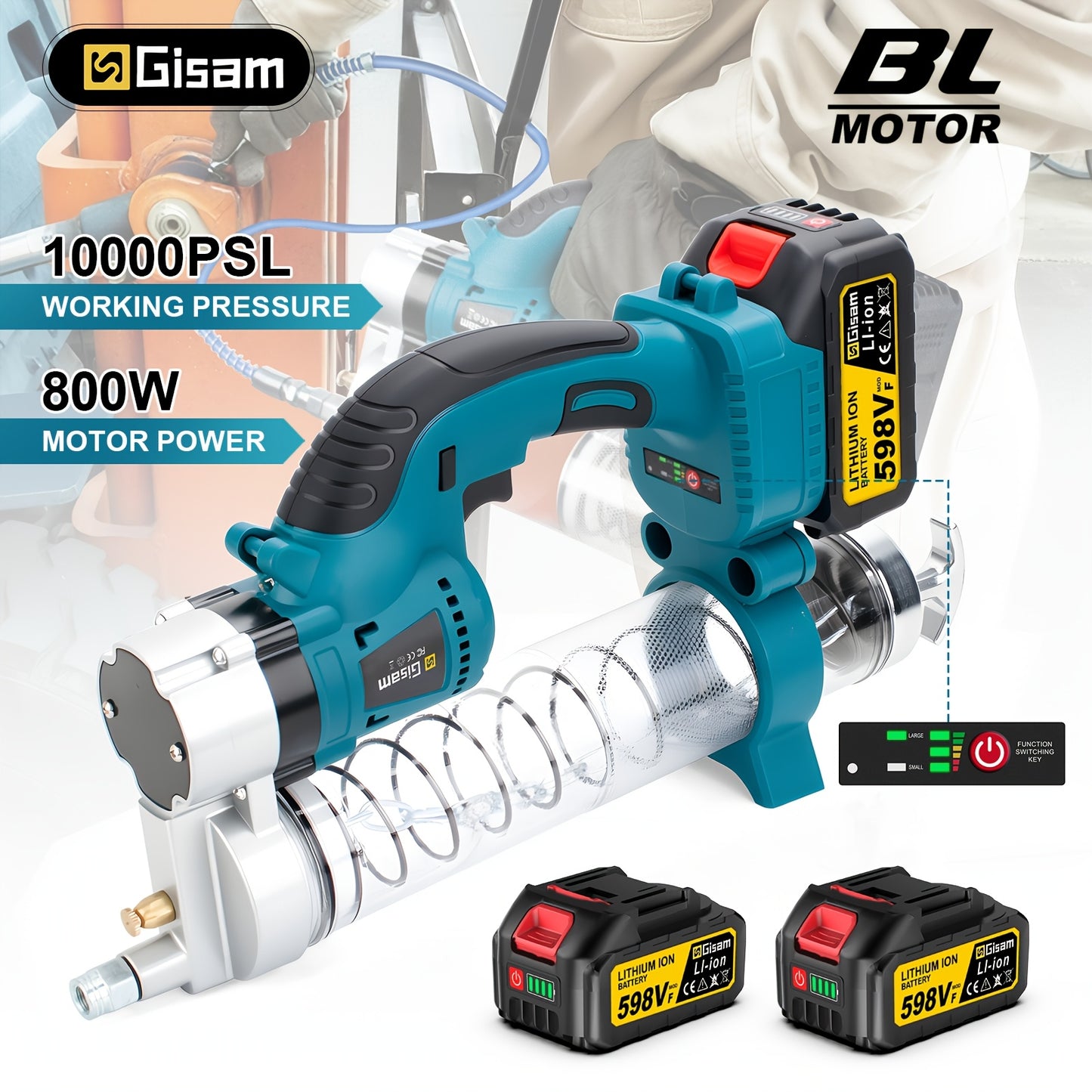 Pistola per Grassi Senza Fili Gisam 10000PSI Motore Brushless ad Alta Pressione con Cartuccia da 16oz e Custodia, Compatibile con Batteria Makita 18V, Strumento Professionale per Lubrificazione Auto (Utensile Elettrico)