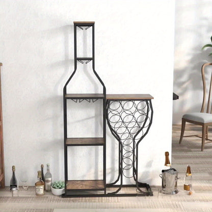 1 pz. Portavino da fornaio a 11 bottiglie, portavino indipendente a 5 livelli con porta bicchieri da vino sospeso e ripiani portaoggetti, bar domestico per la conservazione di liquori e vino per cucina, sala da pranzo