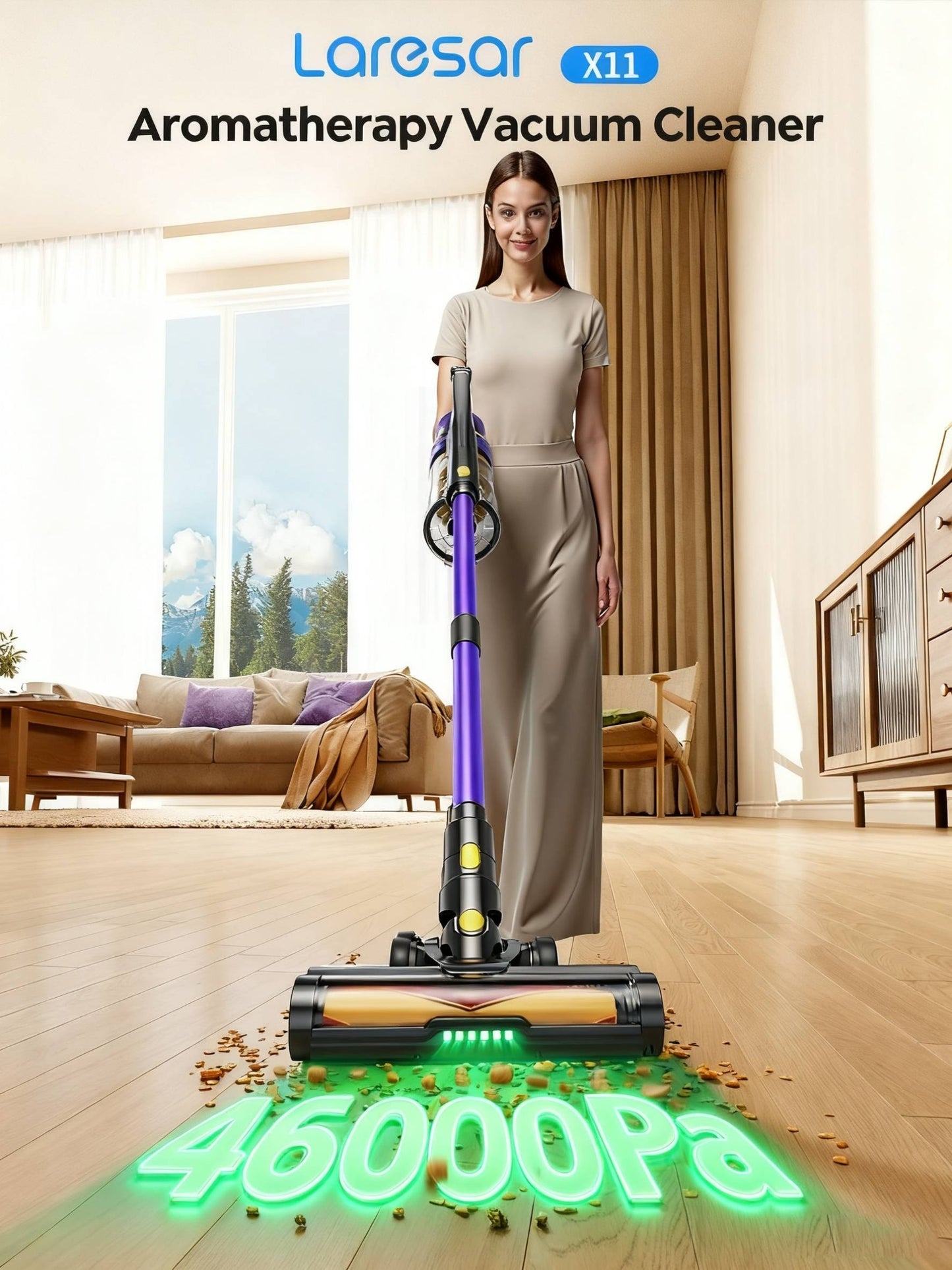 Laresar X11 Aspirapolvere Senza Fili 550W/46Kpa per la Casa, 60 Minuti, Anti-Groviglio, Aspirapolvere a Bastone con Doppia Maniglia Ricaricabile, Leggero, con Aromaterapia per Peli di Animali Domestici, Tappeti, Pavimenti, Pulizia di Primavera