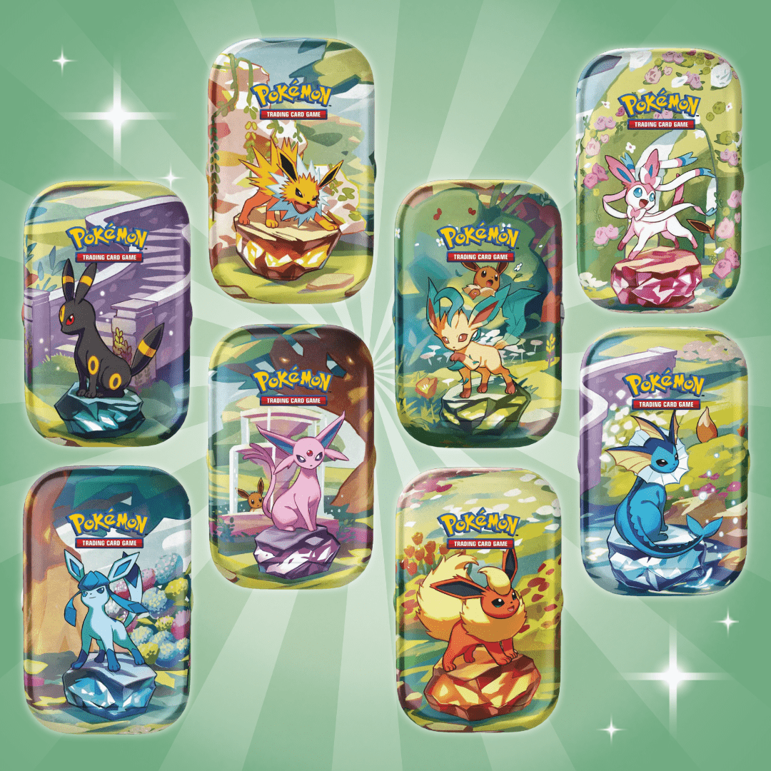 Pokémon – Evoluzioni Prismatiche Mini Lattina | 1 Versione Casuale di 8 | 2 Pacchetti Booster | Moneta Eevee