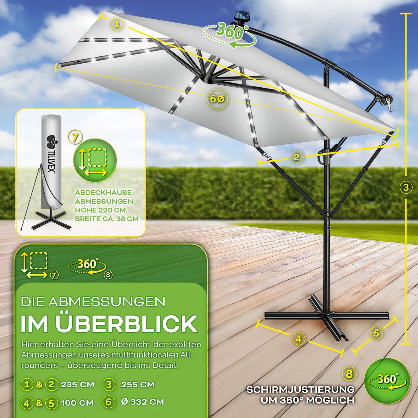 Tillvex® Tenda da Sole Rettangolare in Alluminio con LED Solare Ø 330 Cm + Copertura con Manovella | Ombrello Angolare con Luce Stradale, Supporto e Parabrezza | Grande Ombrello da Giardino in Alluminio con Protezione UV | Ombrello con Manovella, Ombrello
