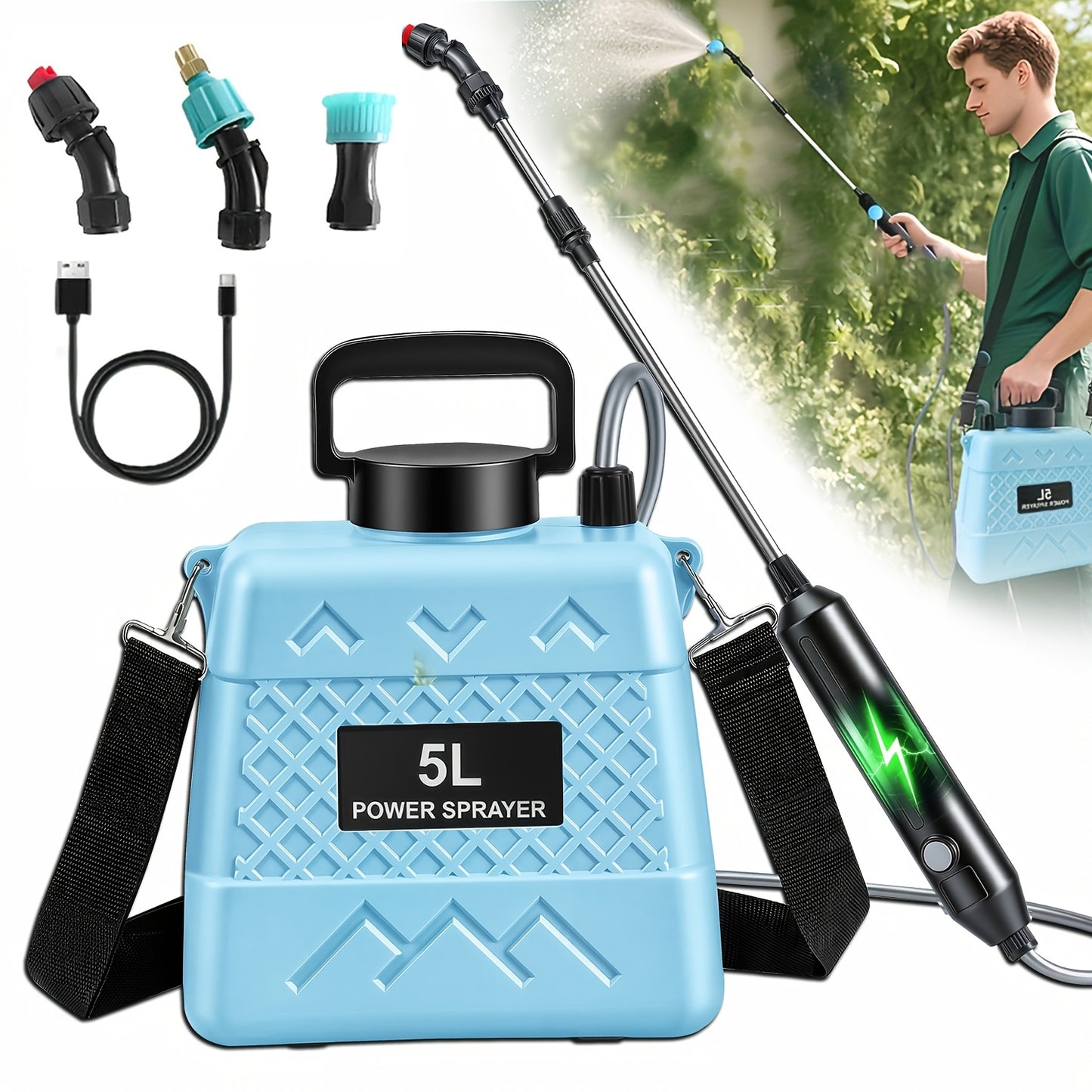 Spruzzatore Elettrico da 5L 1,32 Galloni con Annaffiatoio Elettrico Portatile Ricaricabile, Attrezzo Elettrico per Innaffiare il Giardino, Spruzzatore da Giardino con 3 Ugelli a Nebbia e Asta Estensibile, Adatto per Innaffiare Prati, Colture, Giardinaggio