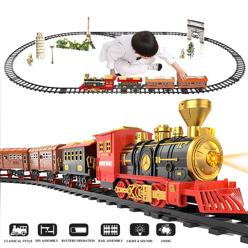 Set di binari per treni elettrici, giocattolo per decorazioni natalizie, locomotiva retrò tradizionale con luce, vapore e suono, giunzione binari, giocattolo educativo, treno in metallo pressofuso, regalo di compleanno e Natale