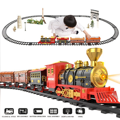 Set di binari per treni elettrici, giocattolo per decorazioni natalizie, locomotiva retrò tradizionale con luce, vapore e suono, giunzione binari, giocattolo educativo, treno in metallo pressofuso, regalo di compleanno e Natale