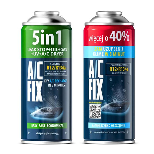 Kit 2x R134a AC FIX Refrigerante per Ricarica Condizionatore Auto, Olio, Sigillante, Colorante UV, Essiccatore A/C, Bomboletta Riutilizzabile con Valvola Filettata, Assistenza Fai da Te per Condizionatore Auto, Per Veicoli Prodotti dal 1994 al 2016, Ricar