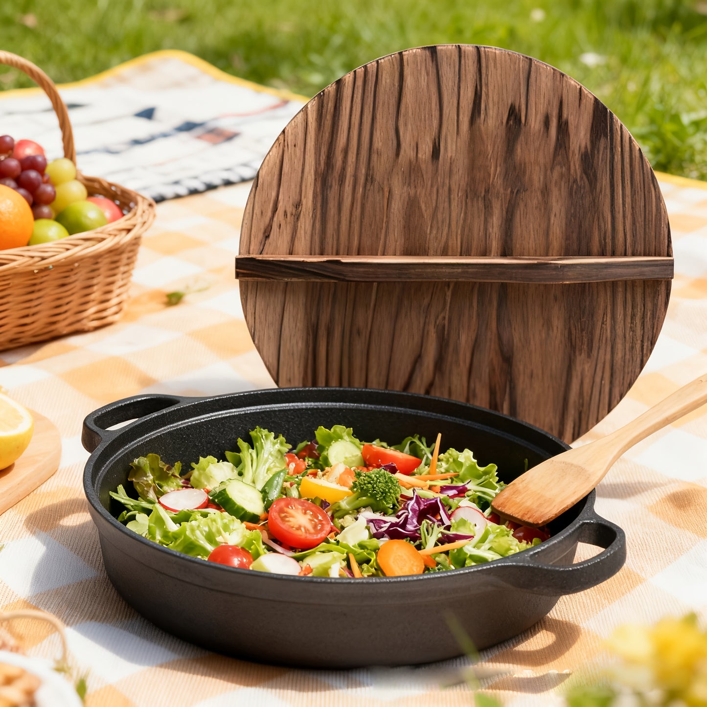 Pentola in ghisa a doppia bocca da 25CM con coperchio in legno, materiale in ghisa di alta qualità, conduzione uniforme del calore, supporta cottura a vapore, friggere, stufare e bollire, adatta per piani cottura a induzione, fornelli in ceramica e fiamme