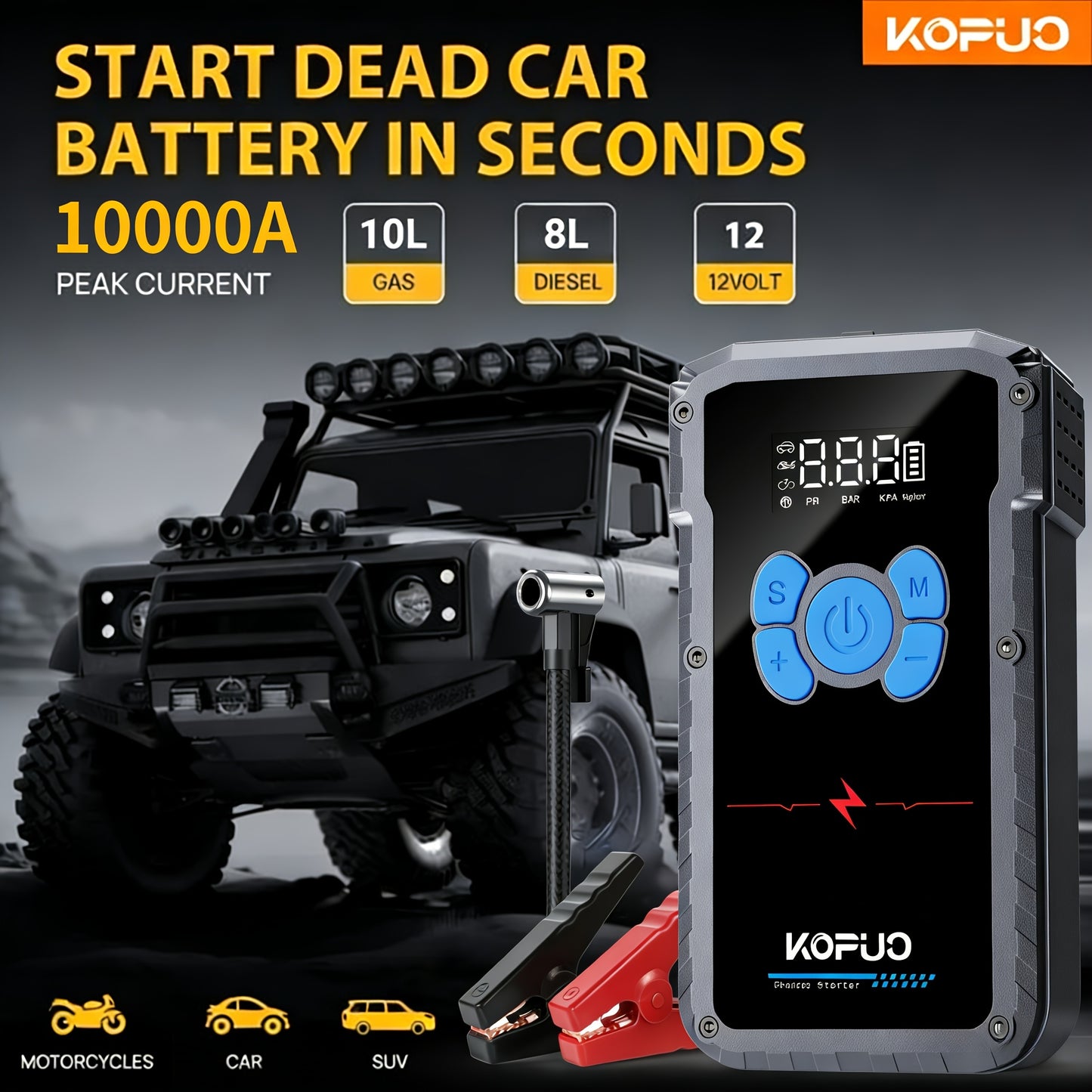 KOPUO 10000A Avviatore di Emergenza Portatile per Auto con Compressore d'Aria da 150PSI, Booster di Batteria di Emergenza 12V fino a Motori a Benzina da 10L/Diesel da 8.0L, Power Bank 7-in-1 con Display LCD e Luci LED