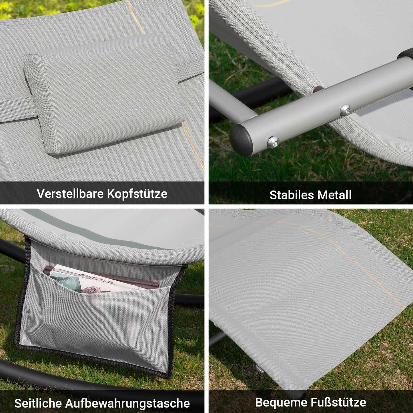 1 Pezzo Lettino Prendisole Lettino da Giardino Sdraio Relax Sedia a Dondolo da Esterno con Cuscino Poggiatesta Superficie Ergonomica Tessuto Resistente agli Agenti Atmosferici Struttura in Metallo Tasca Laterale Portata Massima 150 kg Terrazza Balcone Gia