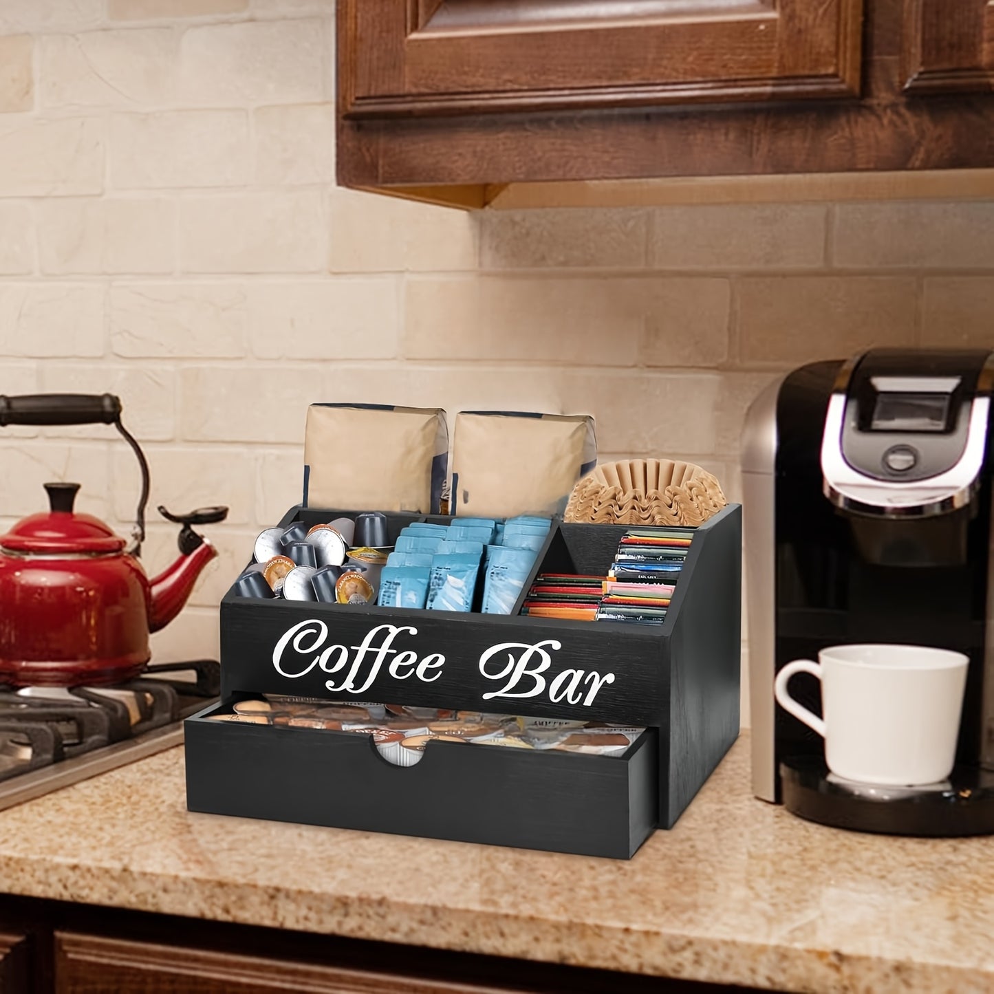 Organizzatore da bar per caffè Deluxe Freestable con cassetto - Legno adatto per cialde di caffè, accessori per tè, bustine di zucchero e formine | Ampia postazione da bancone, ufficio, bar | Organizzatore con cassetto per regali di Natale