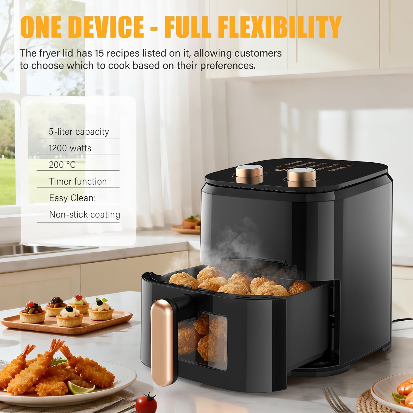 Friggitrice ad aria da 5L per 2-3 persone, Friggitrice ad aria piccola con 15 opzioni di menu, Doppio manopola per temperatura manuale, Timer, Circolazione rapida dell'aria 3D, Antiaderente, Cestello lavabile in lavastoviglie, Cottura sana senza olio