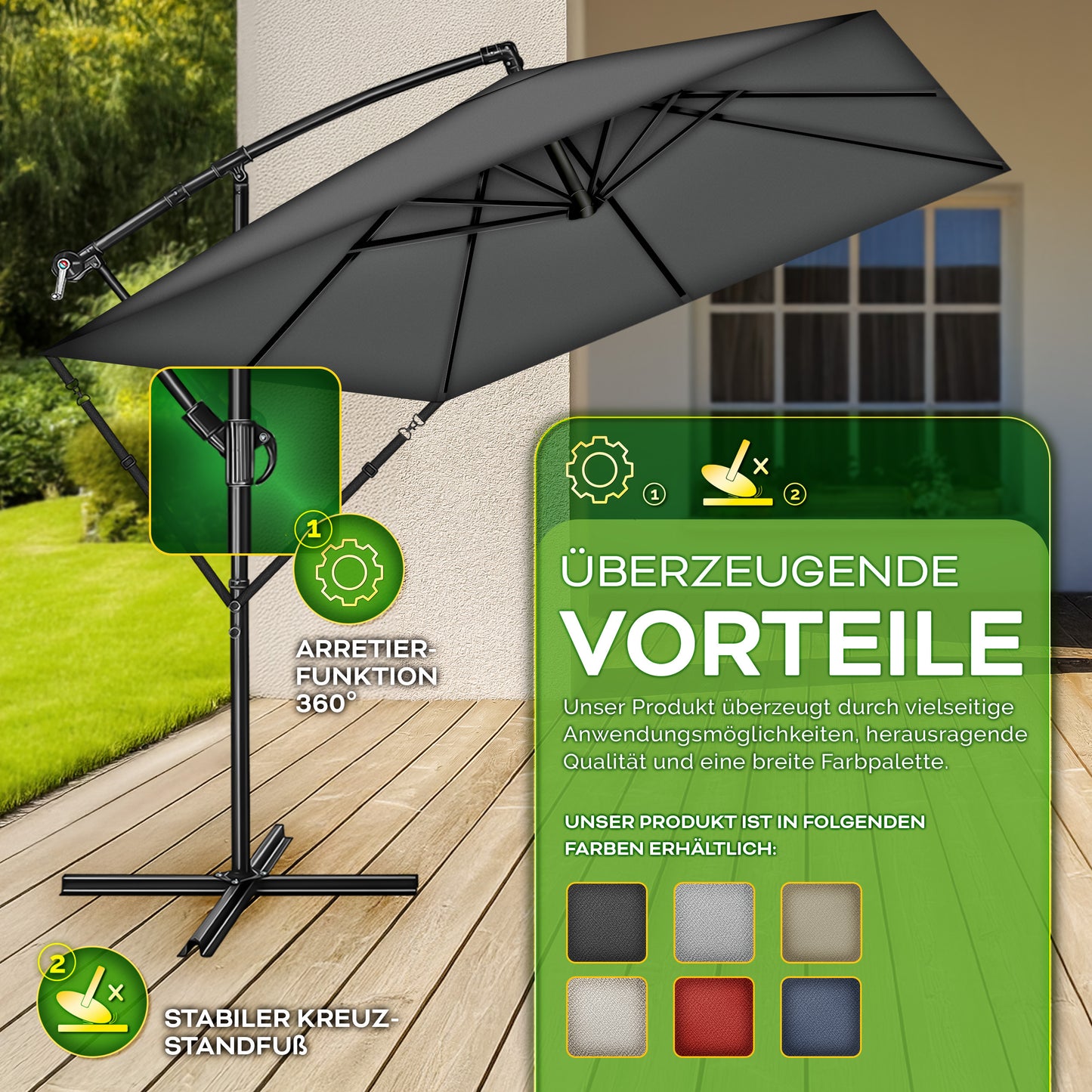 Tillvex® Parasole Rettangolare in Alluminio Ø 330 Cm + Copertura con Manovella | Schermo Angolare a Luce Rossa con Supporto & Parabrezza | Grande Parasole da Giardino in Alluminio Protezione UV | Schermo con Manovella Impermeabile Girevole a 360° per Terr