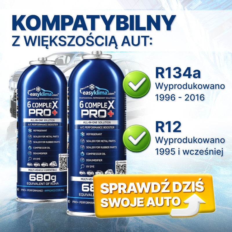 Kit 2x EasyKlima 6 Complex PRO+ R134a 6 in 1, due preparati per aria condizionata automobilistica, bombola da 680 g, agente di ricarica per impianti, sigillante per gomma e metallo, olio per compressore, essiccante per riduzione umidità, colorante UV per