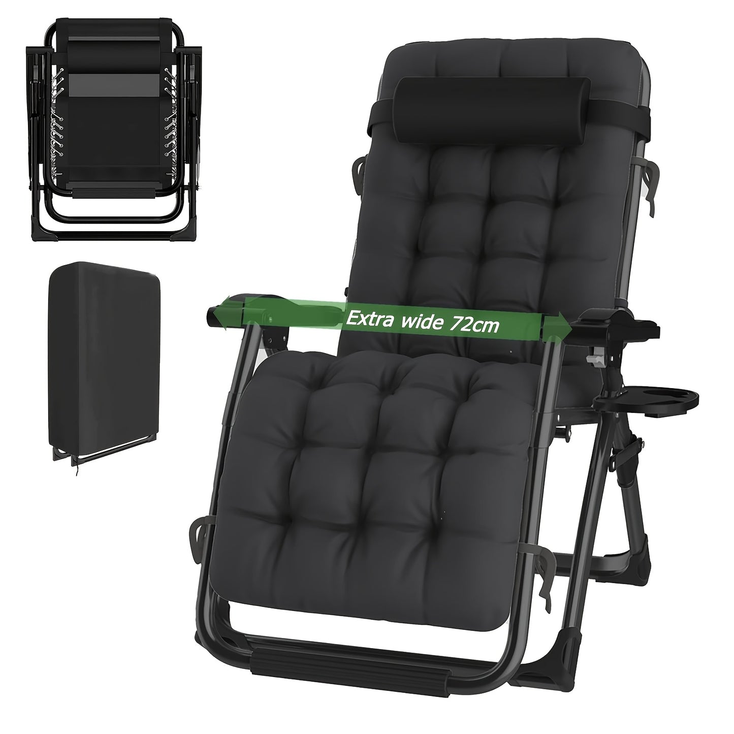Poltrona Lounge Oversize a Gravità Zero, 72 cm Extra Larga, Reclinabile Pieghevole e Regolabile, Capacità 500 libbre/200 kg, Cuscino Morbido in Cotone Staccabile con Poggiatesta, Portabicchieri, Nero Grigio, per Giardino, Terrazza, Balcone, Patio Esterno