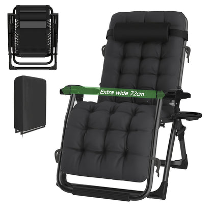 Poltrona Lounge Oversize a Gravità Zero, 72 cm Extra Larga, Reclinabile Pieghevole e Regolabile, Capacità 500 libbre/200 kg, Cuscino Morbido in Cotone Staccabile con Poggiatesta, Portabicchieri, Nero Grigio, per Giardino, Terrazza, Balcone, Patio Esterno